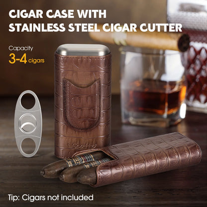 Cigar Case Leather Cigar Travel Case Cedar Wood Portable Cigar Humidor Box with Cigar Cutter Elegant Cigar Box for Men