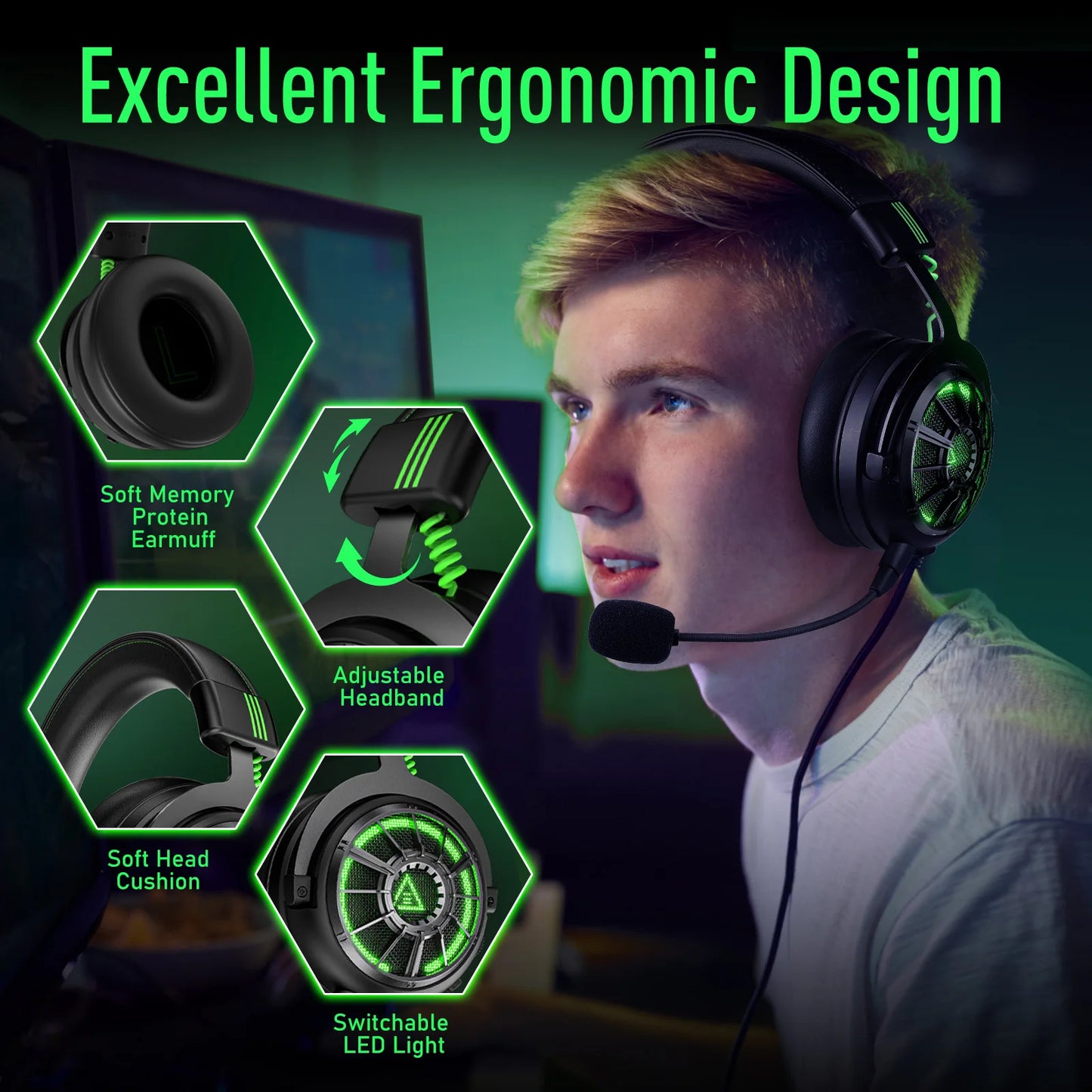 EKSA StarEngine Pro Wired Gaming Headset 7.1 Surround PC Headphones Gamer With ENC Mic USB/Type C/3.5mm for PS4 PS5 Xbox