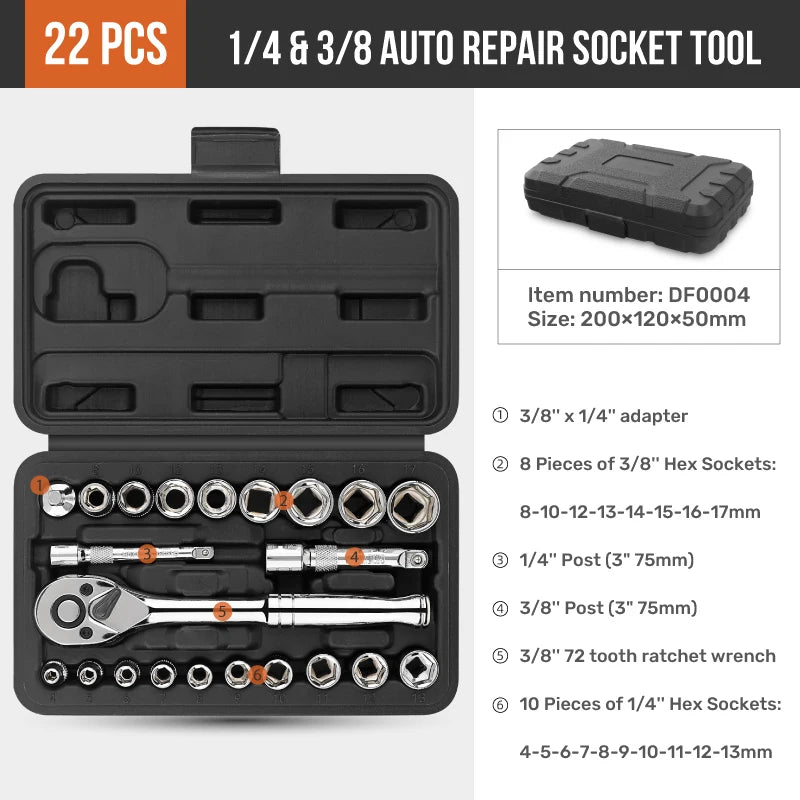 Hi-Spec Car Repair Tool Kit Socket Wrench Set 1/4 3/8 1/2 Ratchet Combination Tool Set for Home & Auto Maintenance