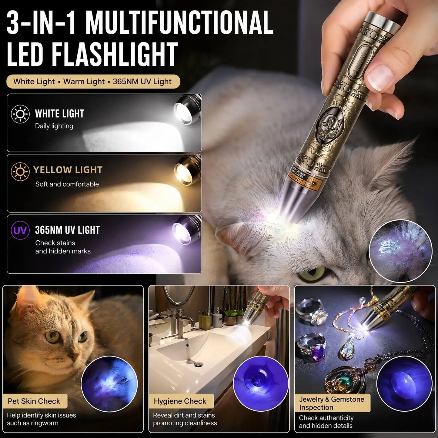 3 In 1 White Yellow UV 365nm LED Detection Flashlight