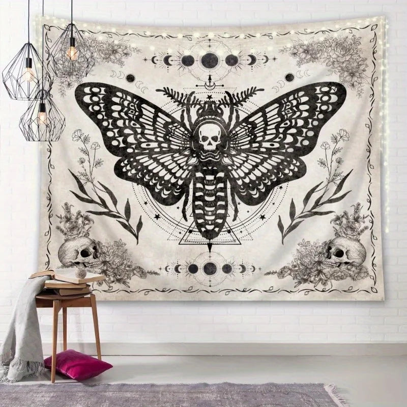 Dark Night Skull Butterfly Moon Phase Tapestry Gothic Style Bedroom Dark Theme Room Decor
