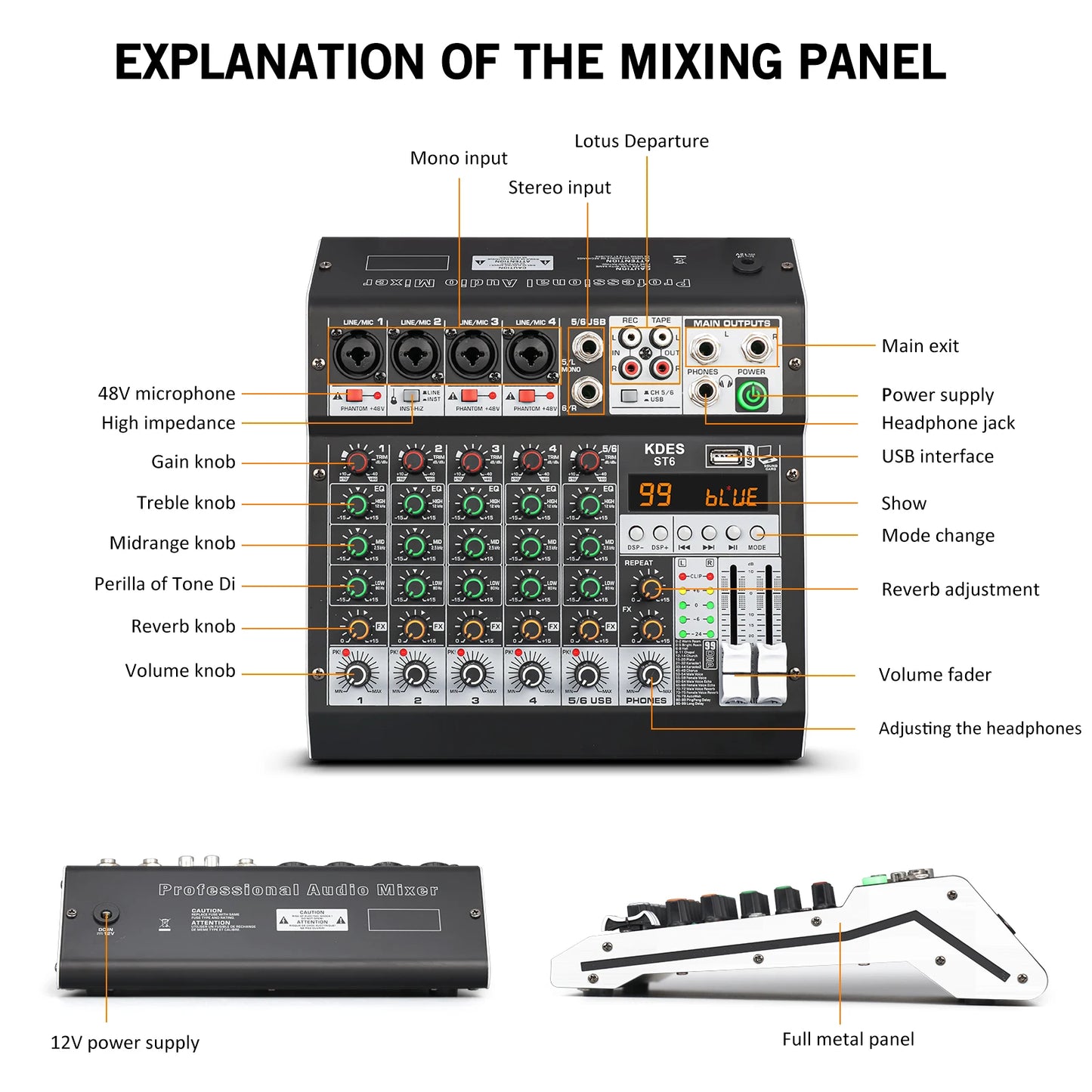 KDES Audio Mixer 4-6-8 Channel 99 DSP Effect Record PC 48V Phantom Power USB Sound Mixers Bluetooth DJ Console Mixing for Karaok