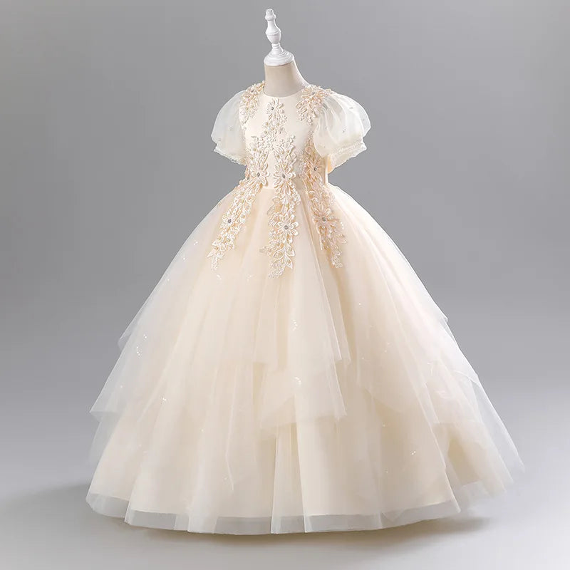 Girls Princess Ball Gown - Fluffy Tulle Party Dress for Flower Girl/Birthday/Pageant | Sparkly Puffy Sleeve Wedding Dress