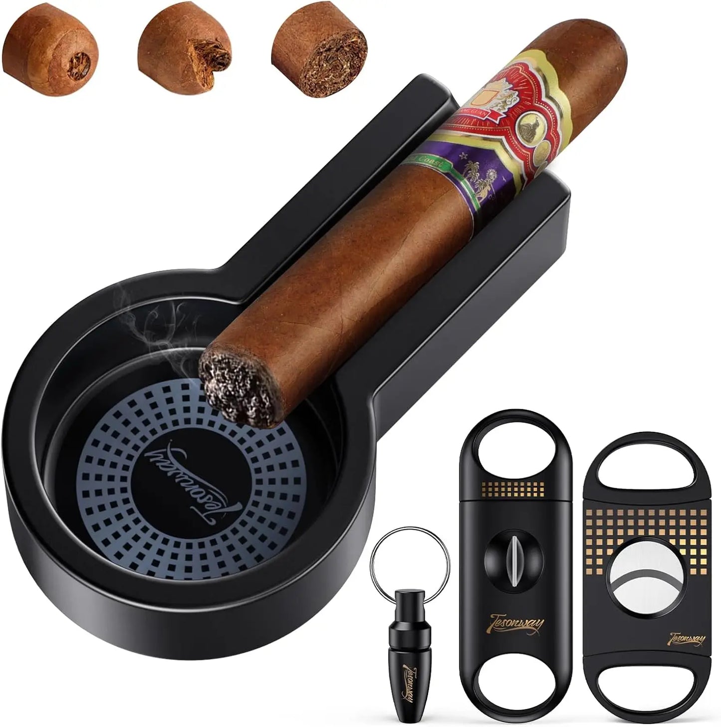 Portable Cigar Ashtray with V Cut Cutter Set, Cigar Punch, Outdoor Home Office Accessories for Men