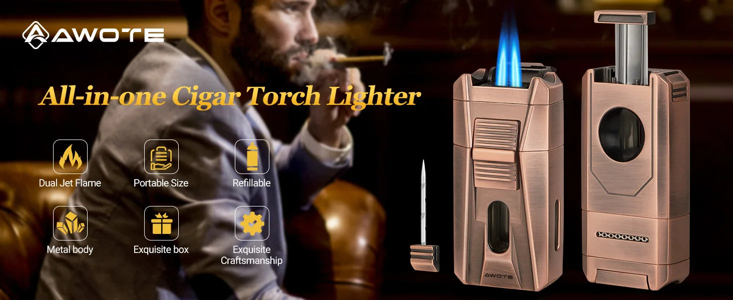 Cigar Lighter with Double Jet Flame, Refillable Cigar Torch Lighter with Cigar Holder, V-Cigar Cutter, Cigar Draw Enhancer