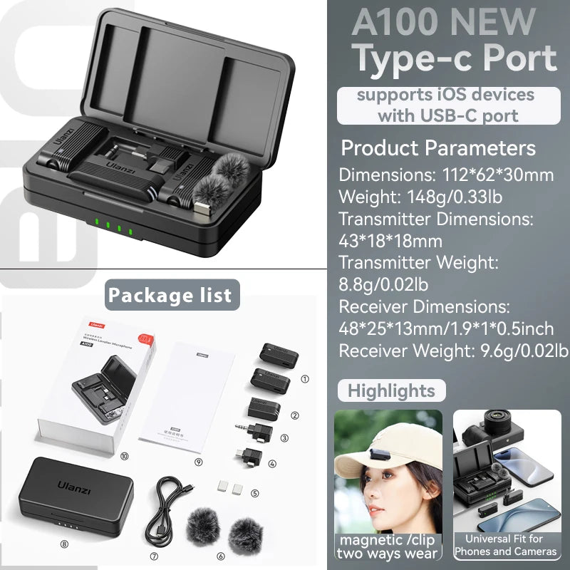 Wireless Lavalier Microphone Dual Mic System for iPhone Android Camera with Live Recording