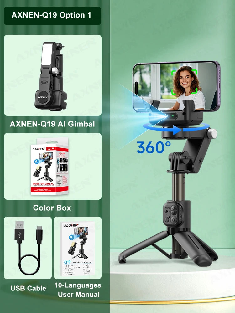 Q19 AI Desktop Gimbal Stabilizer 360 Rotation Auto Face Tracking Mobile Phone Handheld Anti-shake Selfie with Fill Light