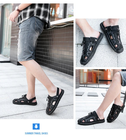 Shoes Summer Slippers Genuine Leather Non-slip Beach Shoes Male Outdoor Casual Sandals Slippers Handmade Sewing