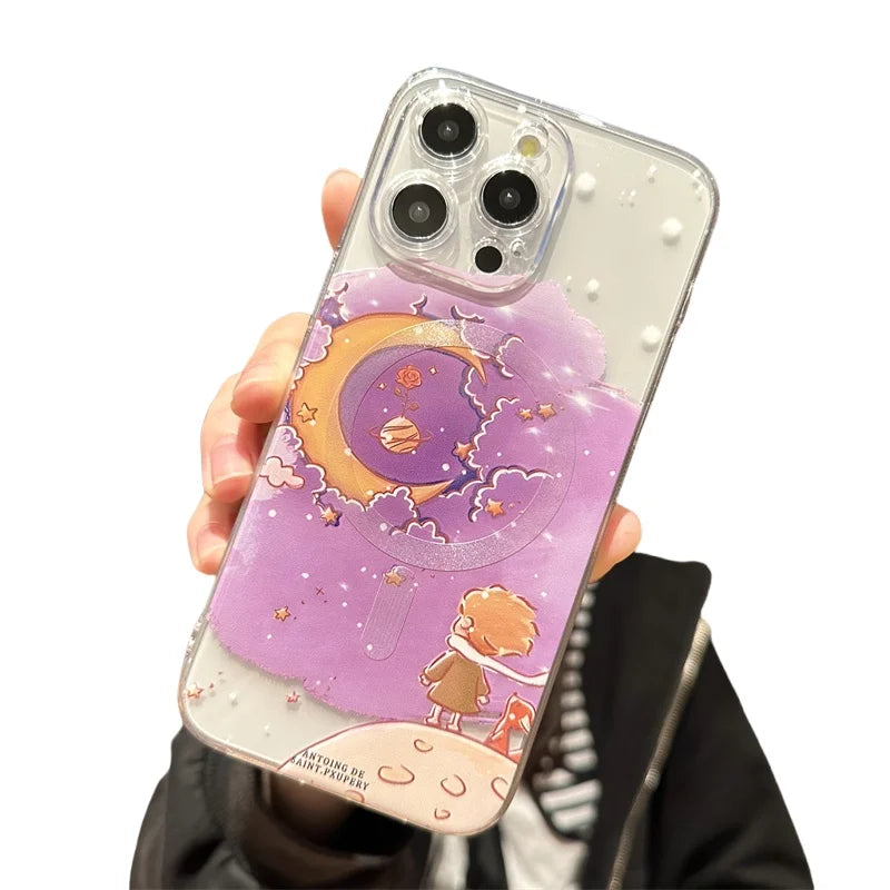 Cartoon Transparent MagSafe  Prince Case for iPhone 16 14 15 Pro Max 15 Plus Wireless Charging Protective Cover