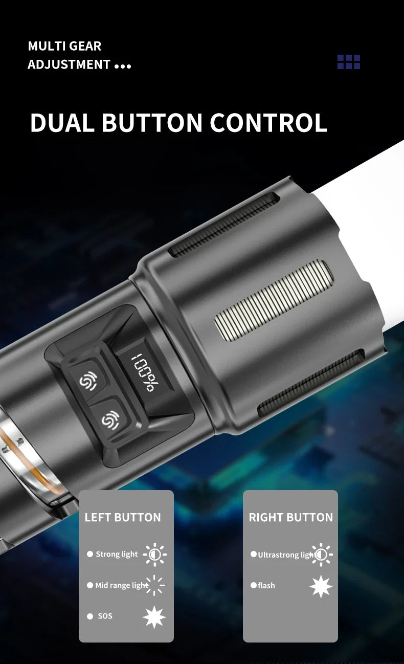 2-in-1 XHP360 High Power Tactical Flashlight Rechargeable Zoom Torch with Camping Light Power Bank Safety Hammer