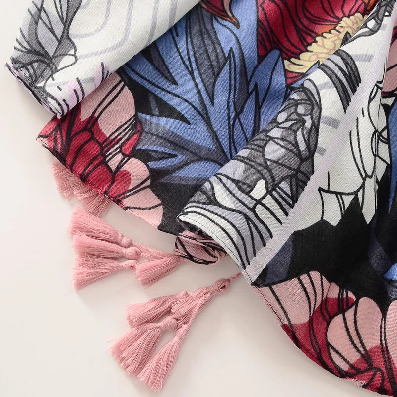 Beige Coffee Scarf Luxury Thin Women Scarves Spring Floral Hijab Veils Soft Cotton Shawl Wrap Tassel Viscose Muslim Woman Hijab
