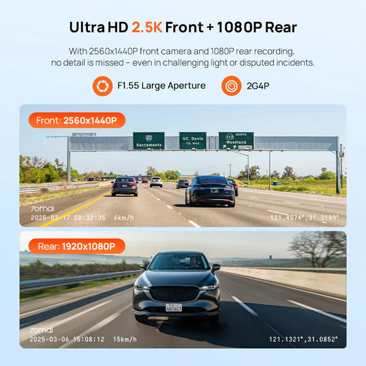 Dash Cam A410 2.5K 1440P Front + 1080P Rear Car DVR – HDR Night Vision, GPS, WiFi App, 24H Parking Monitor