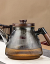 Stripe High Borosilicate Glass Teapot  With Walnut Handle Cooking and Steaming Dual Purpose Glass Tea Pot Tea Kettle Teaware