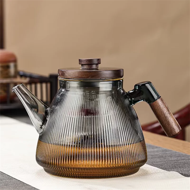 Stripe High Borosilicate Glass Teapot  With Walnut Handle Cooking and Steaming Dual Purpose Glass Tea Pot Tea Kettle Teaware