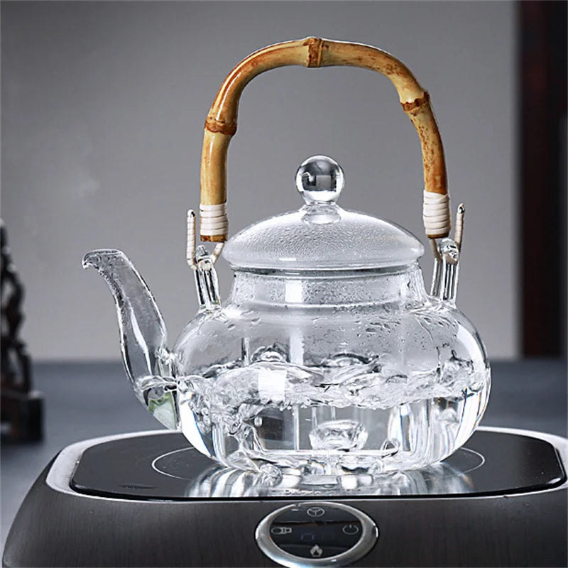 600ML Borosilicate Glass Teapot With Bamboo Handle Household Convenient Heated Tea Kettle with Filter Kung Fu Flower Tea Pot
