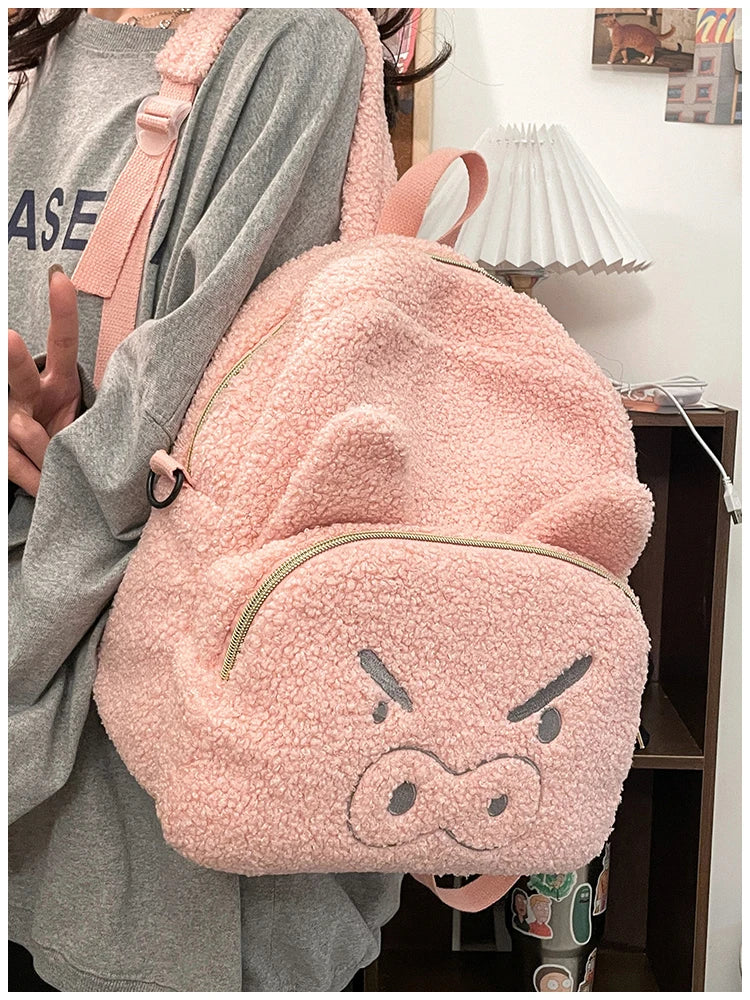 Cute Plush Pig Velvet Backpack Large Capacity Shoulder Bag