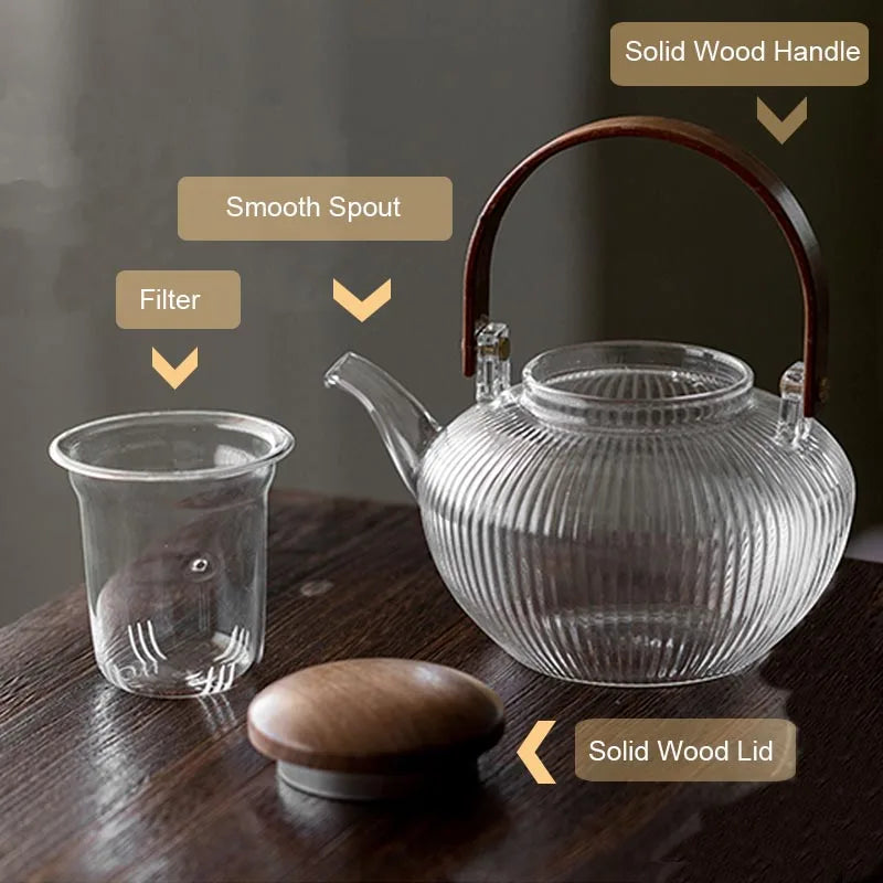 Glass Thick Stripes TeaPot Heat Resistant Wood Handle  Can Be Heated Electric Pottery Stove To Make Open Fame 750ML