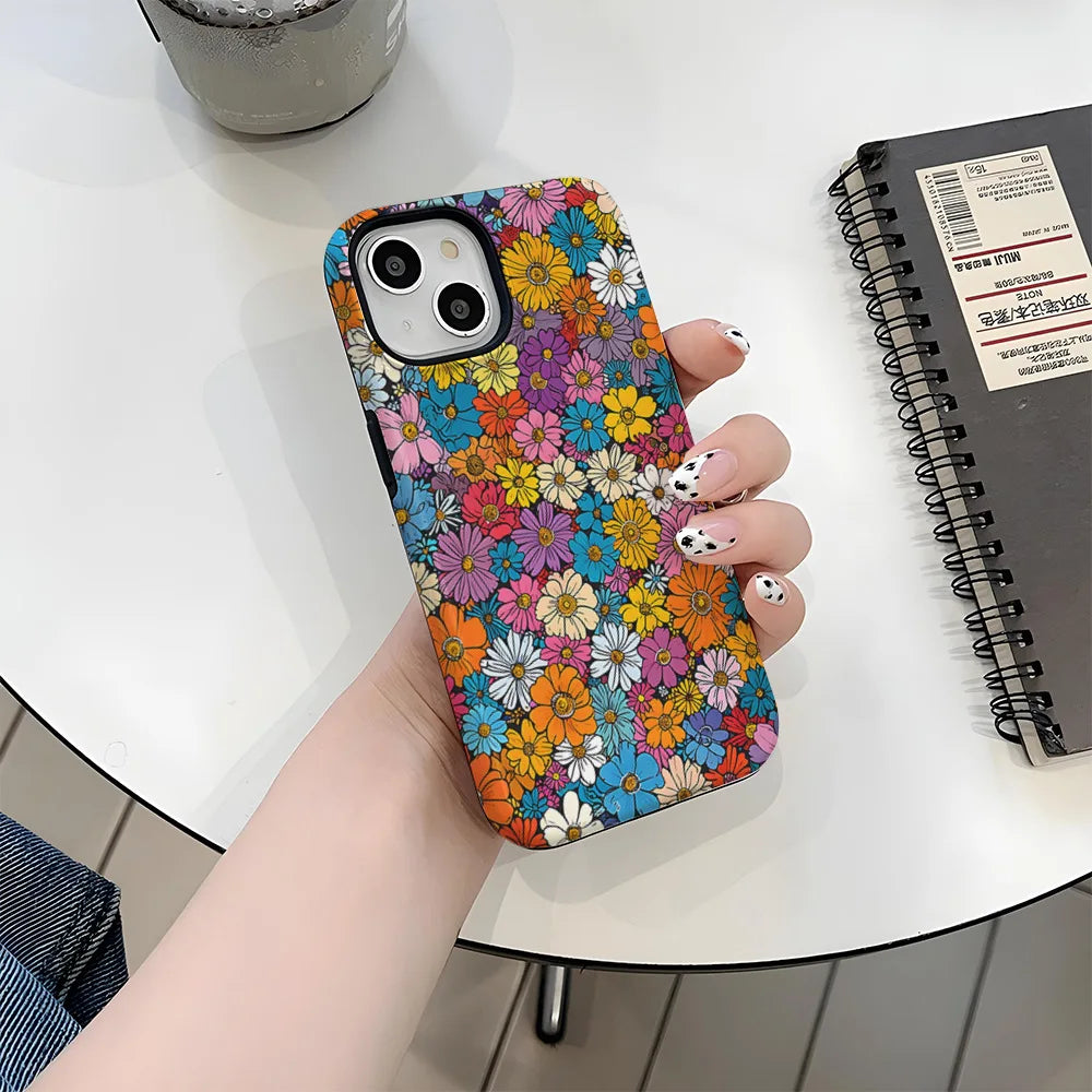 Art Drawing Flower Printed Daisy Phone Case for iPhone 16 15 13 14 Pro Max 16 15 Plus 2 in 1 Hard Protection Cover