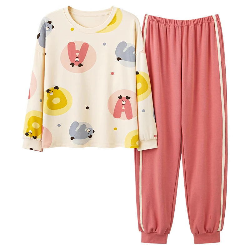 Women’s Cute Lazy Style Cotton Pajama Set – Soft, Loose Long Sleeves & Pants