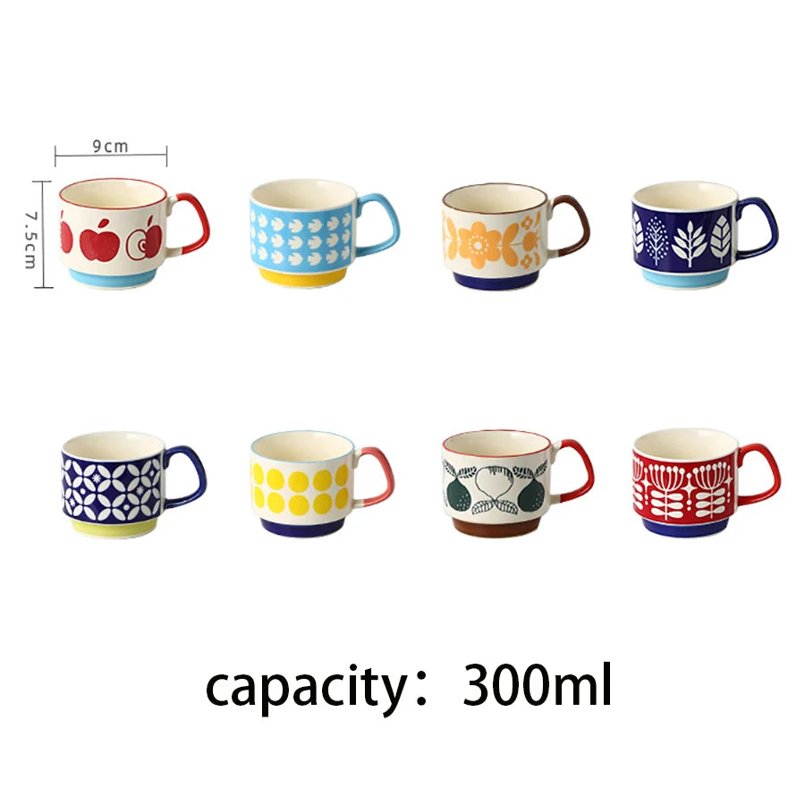 Japanese Flower Coffee Mug Set Retro Ceramic Milk Oats Mug Office Water Handgrip Cup Kitchen Party Drinkware Set 300ml