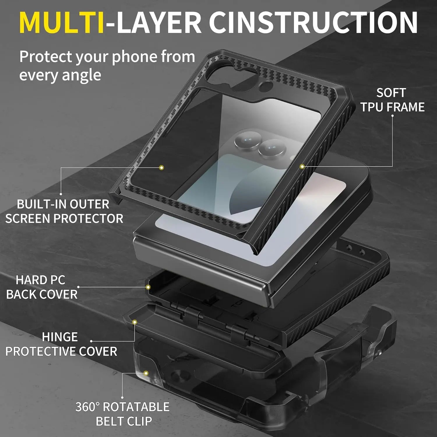 for Z Flip 6 Case with Kickstand Belt-Clip Hinge Protection Cover Screen Protector Military Grade Shockproof Phone Case