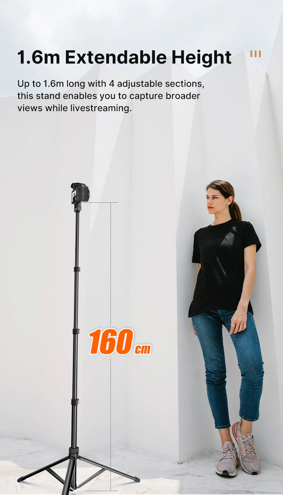 1.6m Extendable Tripod Selfstick Light Stand for Camera Smartphone Fill Light for Video Live-streaming