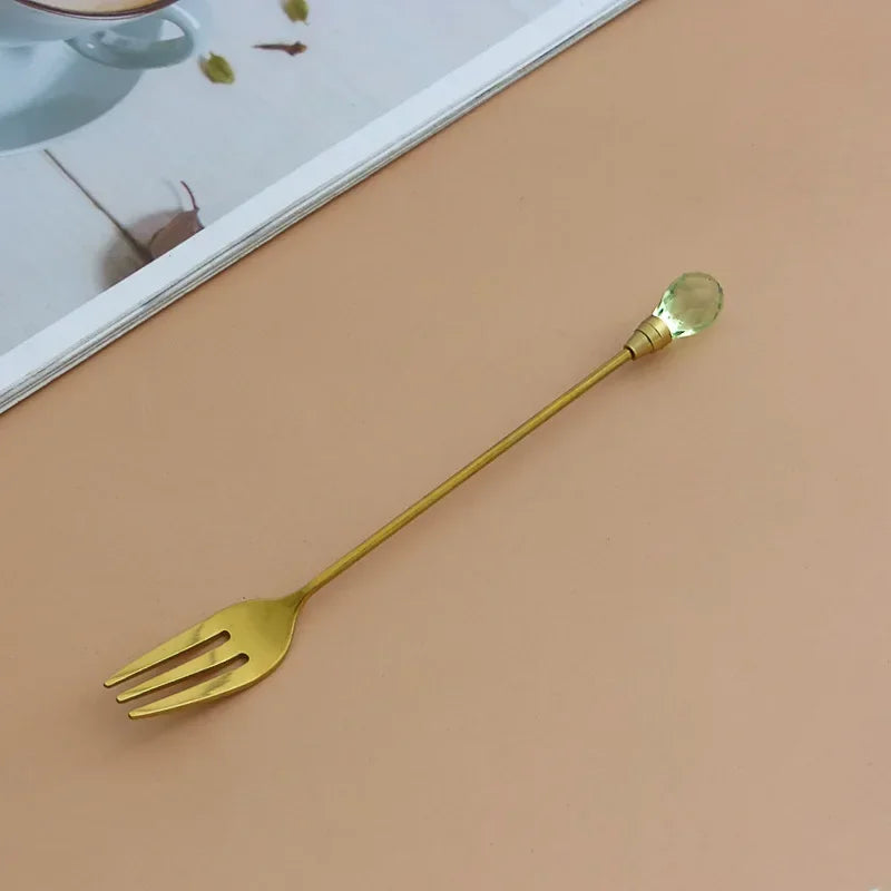 Stainless Steel Diamond Coffee Spoon and Fork Set Creative Crystal Long Handle, Perfect for Desserts, Ice Cream, Cake, and Fruit