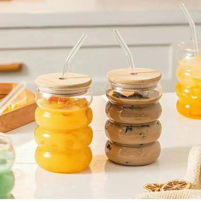 1/2pcs Beverage Glasses With Straws Glass Cups clear Ripple Drinking Glasses for Juice Beer Wine Champagne Cocktail 350/500ml