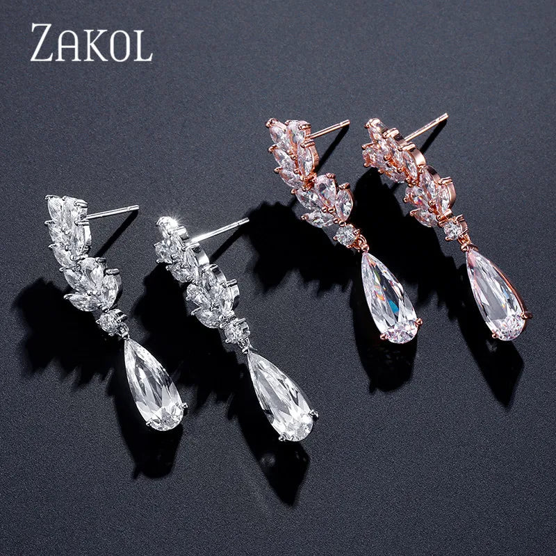 White Zircon Leaf Dangle Earrings for Women Shinny Water Drop Crystal Flower Pendant Earring