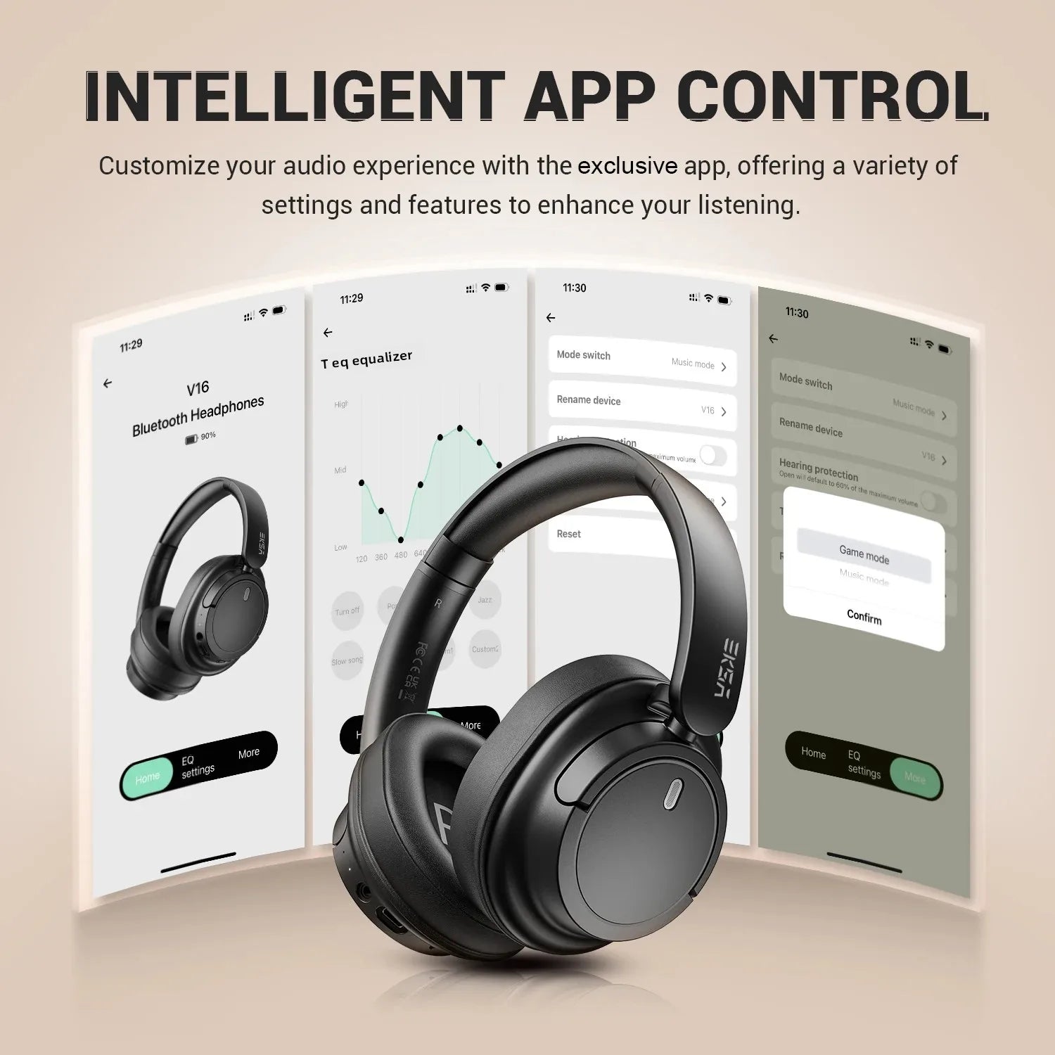 EKSA V16 Wireless Headphones Bluetooth 5.3 Over Ear Headset With Mic Bass/Pop Mode Hi-Res HiFi Wired Headphones 90H APP