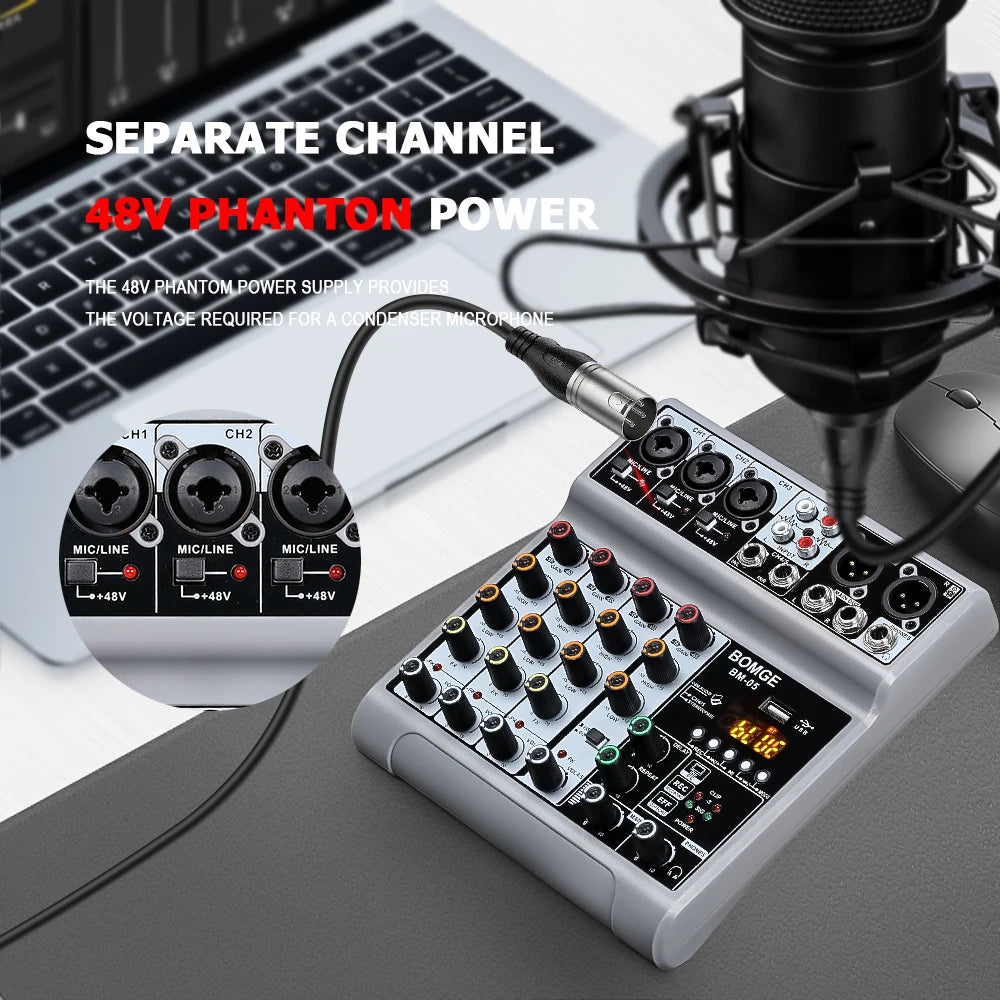 BM05 DJ Mixing Console with Bluetooth USB Audio Interface and 48V Phantom Power