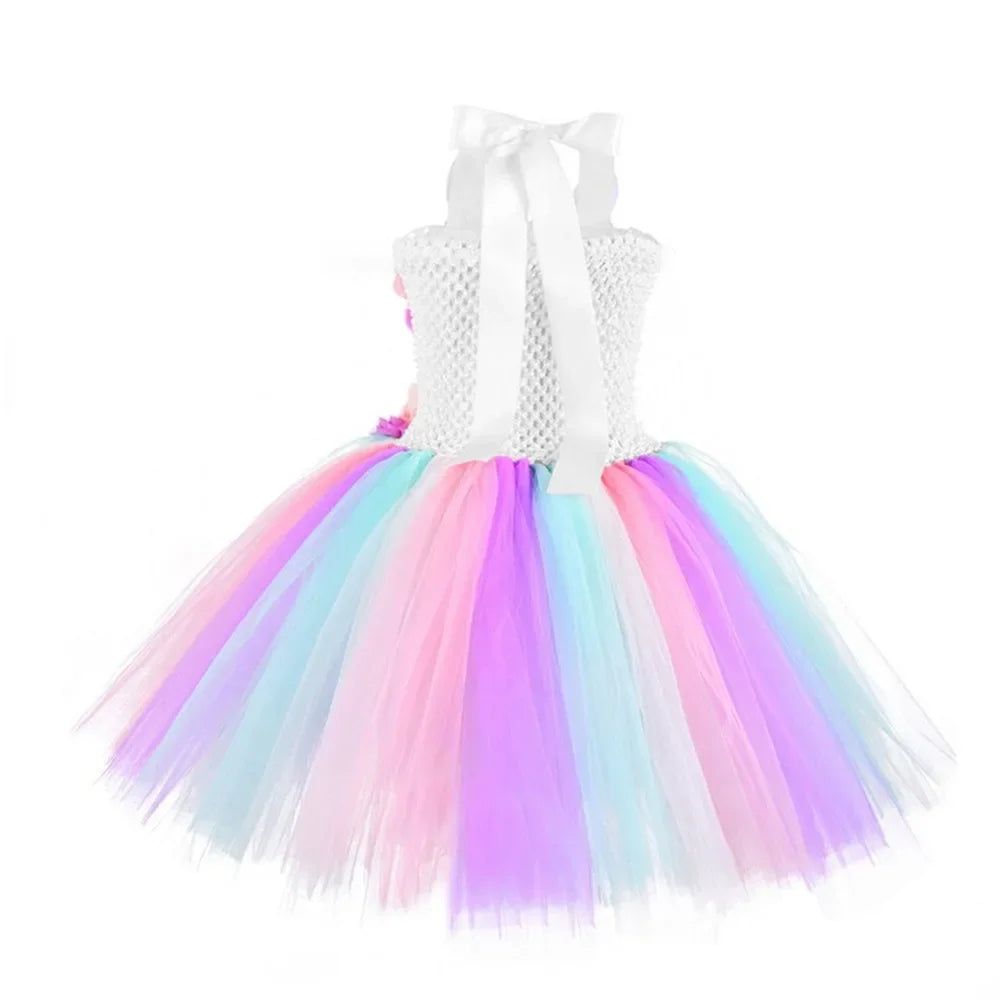 Rainbow Unicorn Princess Dress with Angel Wings Party Costume