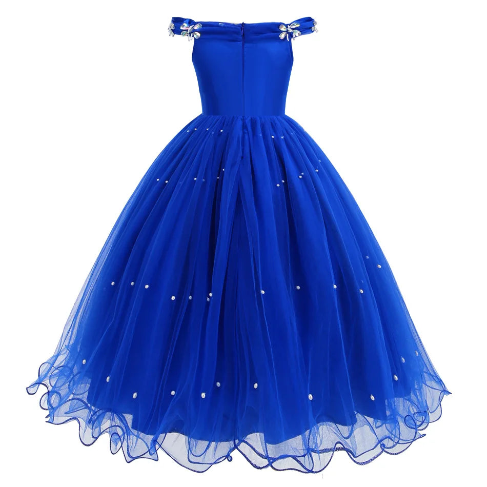 Christmas Halloween Blue Ball Gown - Girls Pearl-Embellished Tulle Dress with Lace Sleeves Princess Birthday Party Dress for Kid