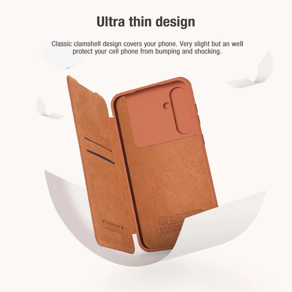 Luxury Flip QIN Pro Leather Case For Samsung Galaxy S23 FE Shockproof Camera Slider Protection Cover With Card Holder