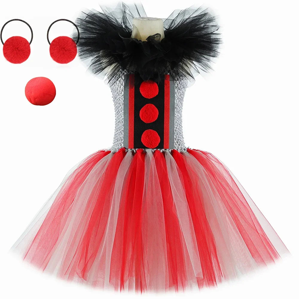 Scary Clown Costume for Girls Horror Halloween Tutu Dress Outfit Creepy Killer Clowns Costumes Kids Carnival Party Tulle Dresses