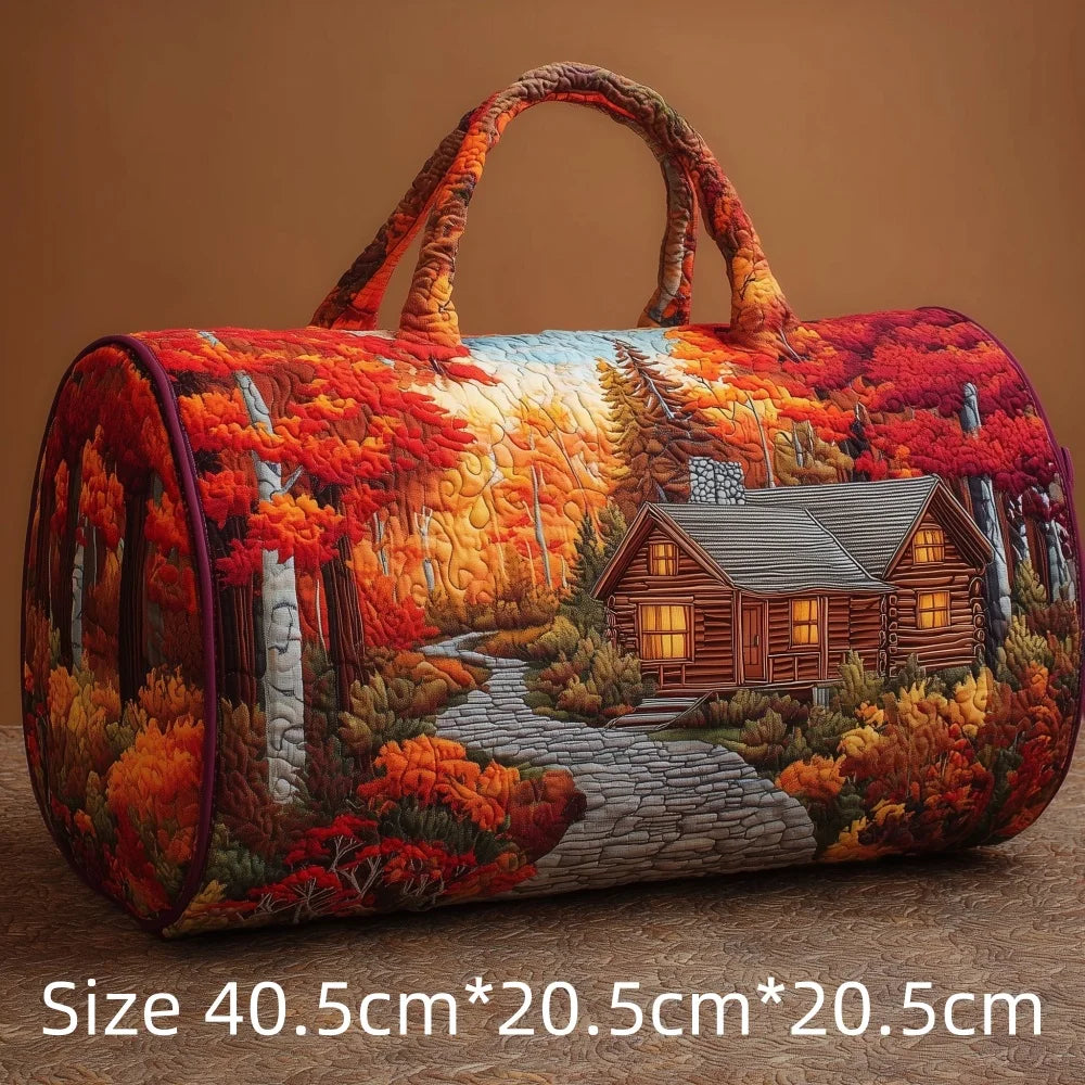 3D Print Quilted Travel Bag Autumn Mountain Forest Cabin Tote Weekender Duffle for Women Men Vintage Nature Landscape Hangbag