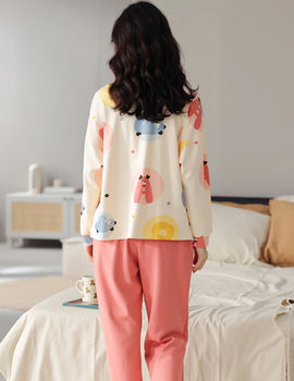 Women’s Cute Lazy Style Cotton Pajama Set – Soft, Loose Long Sleeves & Pants