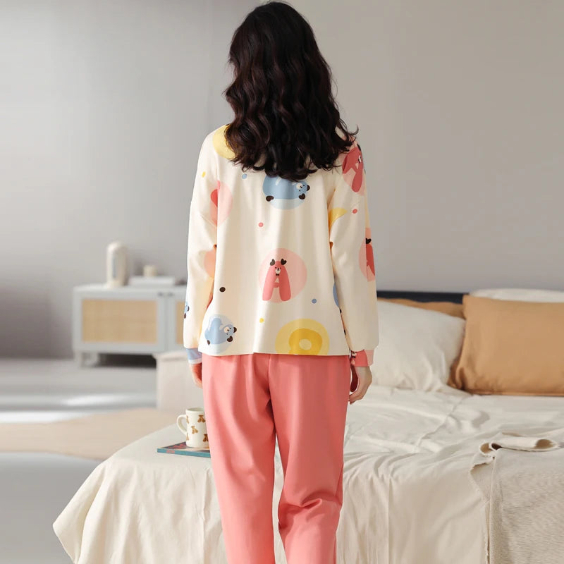 Women’s Cute Lazy Style Cotton Pajama Set – Soft, Loose Long Sleeves & Pants