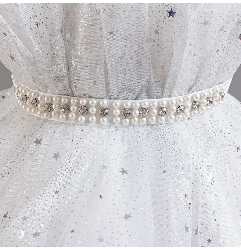 Elegant Girls' Performance Gown - Sleeveless Tulle Dress with Train for Piano Recital & Walk Show