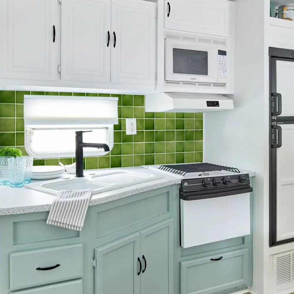 10pcs 3D Tile Stickers, Self-adhesive Green Tile Backsplash for Kitchen Bathroom, Waterproof, Matt, 30 x 30cm, Interior Wall Decor