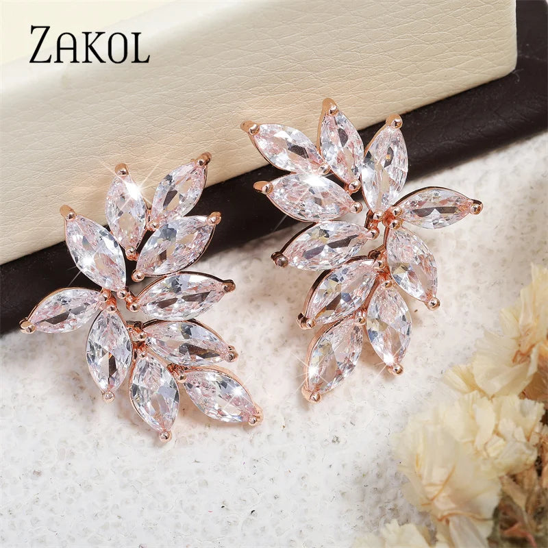 Leaf Cubic Zircon Stud Earrings for Women Shinny Sliver Color Crystal Flower Earring