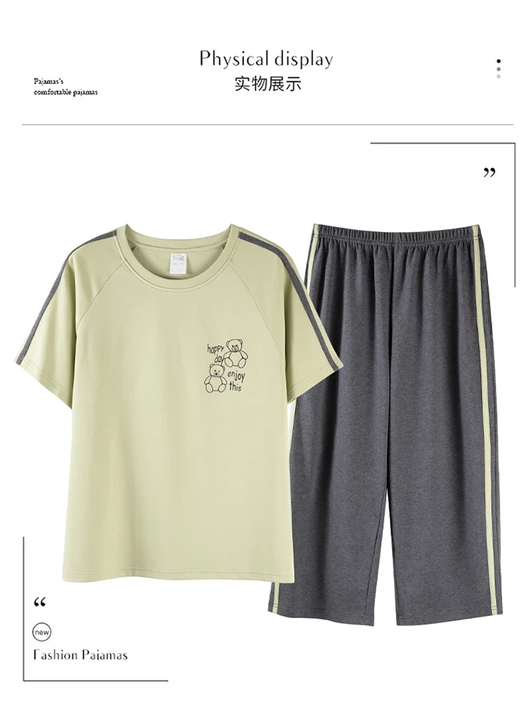 2-Pcs Women’s Cotton Pajama Set – Breathable Short Sleeve Summer Sleepwear with Cute Prints