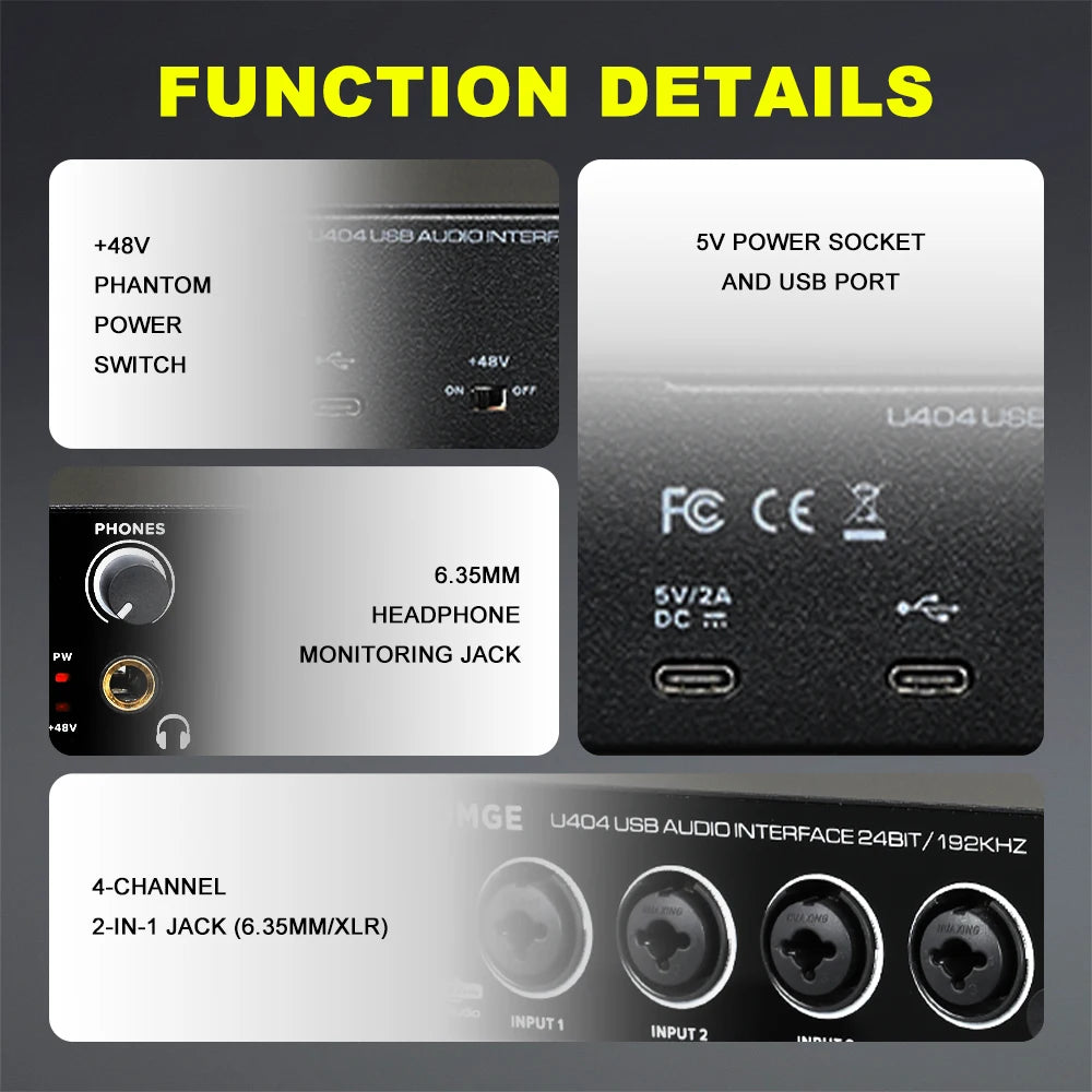 U404 4 Channel Audio Interface with 24 Bit 192kHz Recording and 48V Phantom Power