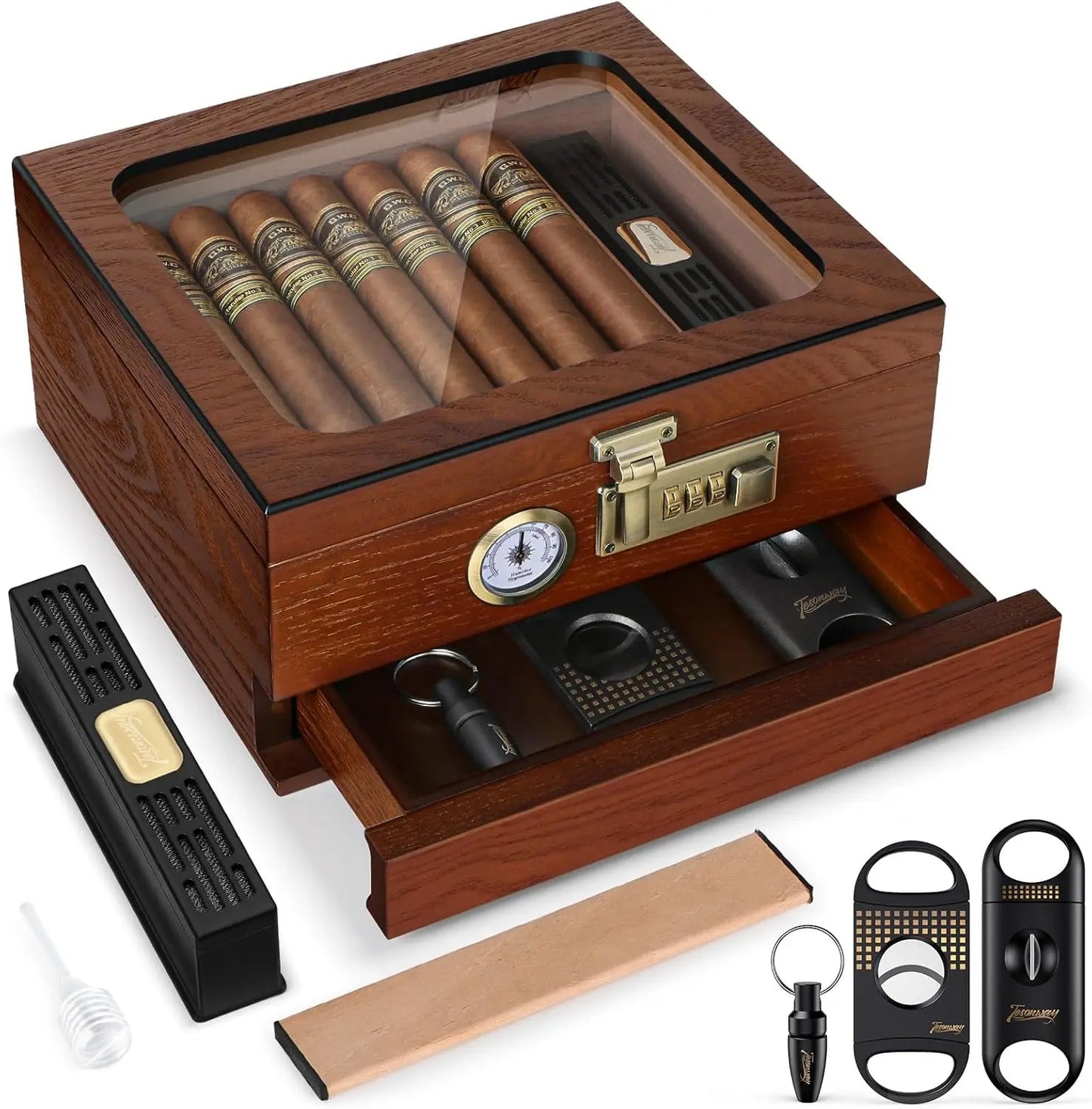 Cigar Humidor Cedar Wood Humidor Cigar Box Glass Top Desktop Humidor with Front Hygrometer Humidifier Divider Accessories Drawer
