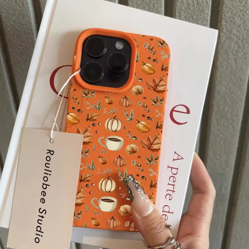 Autumn Pumpkin Coffee Lechee Silicone Phone Case For iPhone 17 16 15 14 1 17 Air Shockproof Cover