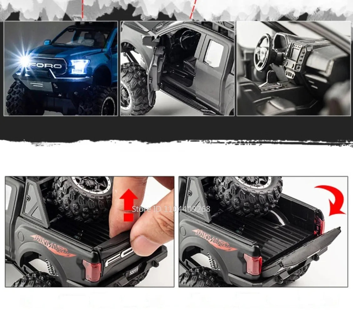 1:32 Scale Raptor F-150 BigFoot Pickup Car Model Toy Pull Back Sound&Light Off Road Truck Models Collection Gifts