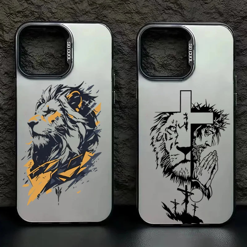 Cross Pattern Bicolor Lion Phone Case For iPhone 14 15 16 Pro Max Shockproof Anti Fall Back Cover