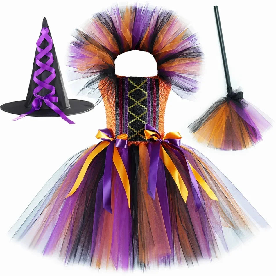 Halloween Witch Costume for Girls Fancy Tutu Dress Disguise Evil Witches Costumes Outfit Toddler Kids Purim Carnival Party Dress