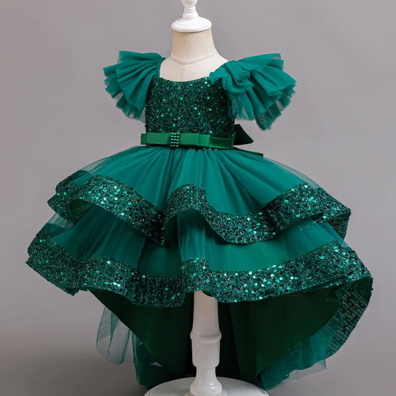Sparkling Girls' Evening Gown - Sequin Dress with Train for Birthday Party & Piano Recital