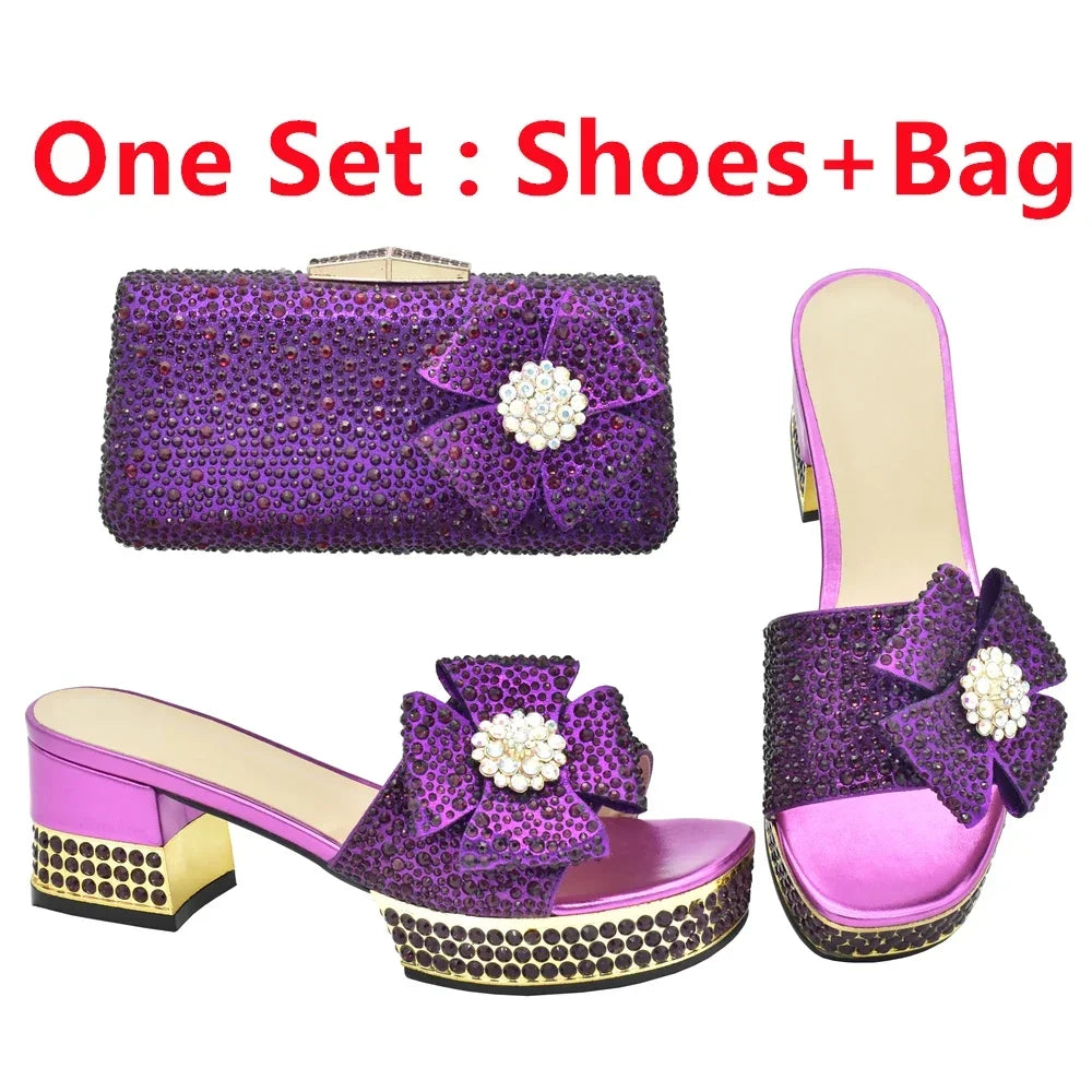 Nigerian Italian Shoes and Bags Set Decorated with Rhinestone Luxury Shoe and Bag Set for Party in Women